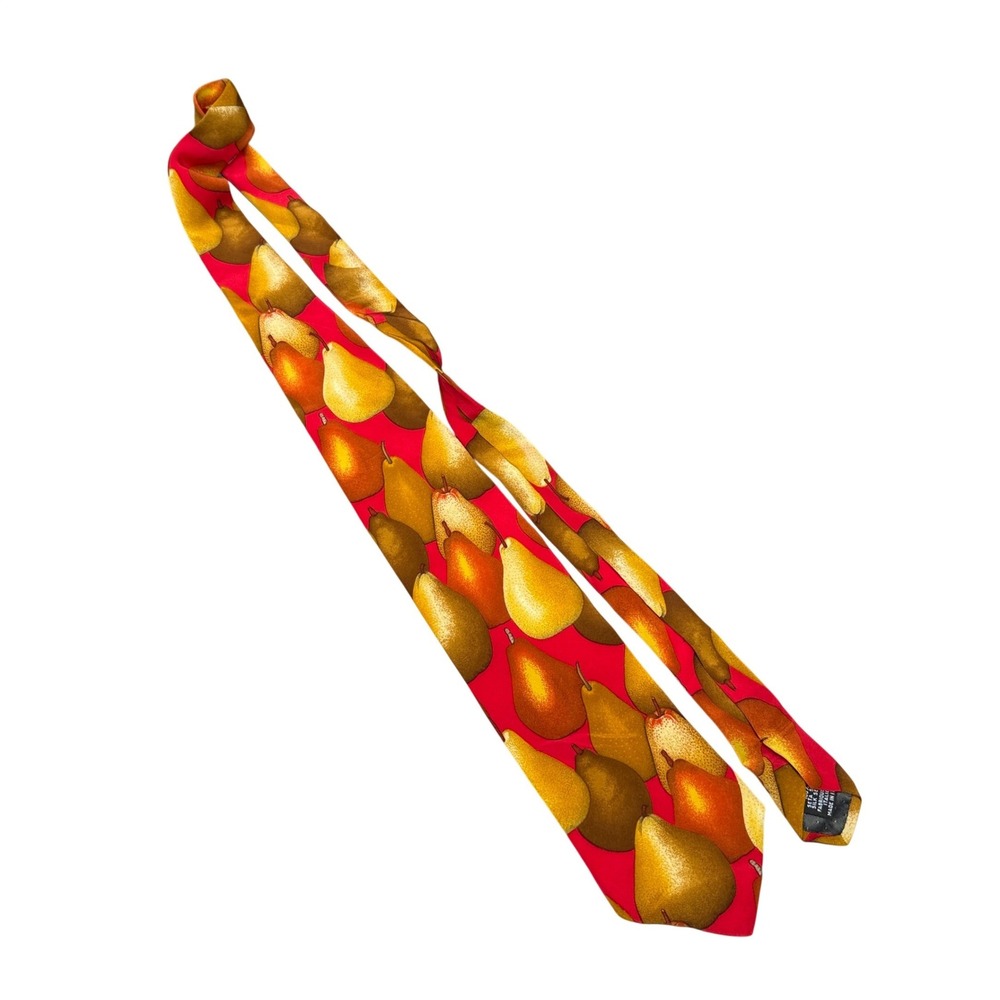 Yves Saint Laurent Silk Tie Mens OS Red Pear Fruit Print Designer Made in Italy